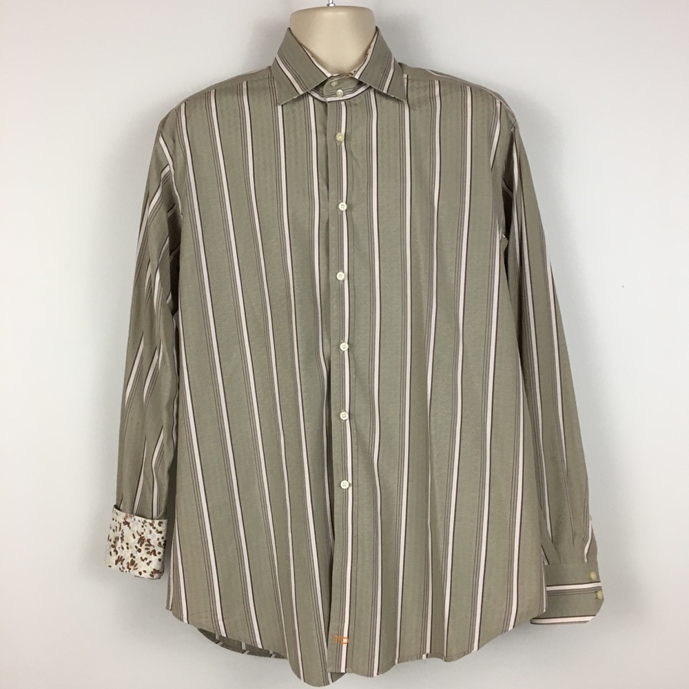 Thomas Dean Striped Contrast Cuff Button Up Shirt
